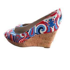 Nine West Aztec Paisley Blue/Orange/Cream Wedge‎ Shoes Sz 8.5